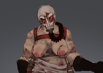  Design piece for a cultist that appeared in a dream. A large human figure, donning a white, bloodstained gas mask. They wear a stained apron that’s orange lined, with a mysterious symbol featuring a sideways eye.They wear red pants along with brown boots that go up to their thighs and big, black rubber gloves. Their chest is exposed, their breasts appearing to have cuts on them, with straps for something on their back above the chest. In their hand is a large, rusty cleaver.
