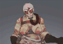  A cultist that appeared in a dream. A large human figure, donning a white, bloodstained gas mask. They wear a stained apron that’s orange lined, with a mysterious symbol featuring a sideways eye.They wear red pants along with brown boots that go up to their thighs and big, black rubber gloves. Their chest is exposed, their breasts appearing to have cuts on them, with straps for something on their back above the chest. In their hand is a large, rusty cleaver.
