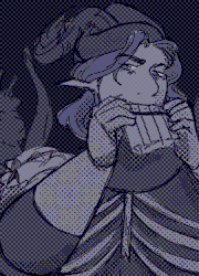 Val, dressed up as Enver Gortash from Baldur's Gate 3, is doing a DJ at a costume party for Halloween. Behind him is Zephyr, a fit, elven man with blond hair, dressed up a Death Shepard from the same game. He's playing a pan flute while plowing Val from behind.