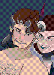 Val's sona is close and personal against Hellbutcher's character, Richard's, rear. Richard, a white man with a chubby, hairy body and short, greying hair, is completely naked while Val is clothed besides any pants on a bed. The horned man is grabbing Richard's cheek, alongside his thigh, his nails digging just deep enough to let blood start to drip, as he fucks his ass, making Rich already start to leak.