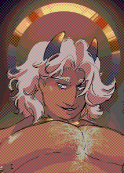 Tolorael, a brown skinned, blond haired celestial being, is stroking their huge cock against the camera as a crowed watches them. Their body soft and plump, their thighs larges and wide. On their wrist and neck are straps of gold that wrap around their respective parts of the body, paired by the golden halo that frames their face, paired with the horns on top of their head.