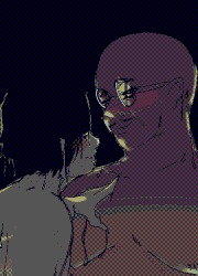 Two naked men sit together intimately, legs deep in an illuminating pool at night. Armand, a tall, dark skinned, man looks lovingly into the eyes of his partner, Luce, who is shorter, paler and thin compared to the chubby hairdresser. Luce leans into him, his finger pressing against Armand's chest, the two blushing to themselves.