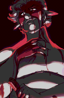 A drawing of Astarion Baldur's Gate 3 from a worms eye view, the worm in question seeing a butt ass naked astarion drenched in blood, having top surgery scars, with his pussy out, holding Crimson Mischief in one hand. The worm would also see the lighting is extreme, mostly dark, with white lighting coming from below, and pink-red rim lighting to make things extra intense. What does the worm feel in this moment?