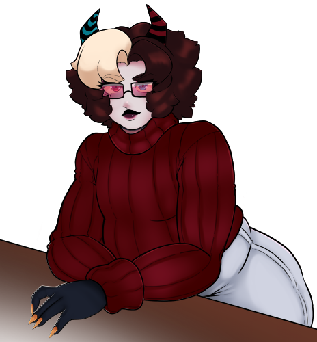 An illustration featuring the masculine version of Val’s sona. A horned man with puffy, brown hair with a white fringe, wearing his red sweater, white jeans and red lensed glasses. He stands behind a bartender’s table, leaning over it with his hand which is black with golden nails as he looks at the camera.
