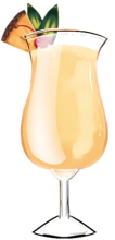 An illustration of the cocktail, Pina Colada. A drink in a long, hourglass shaped glass, the Pina Colada glass, the liquid is of a vibrant, pastel yellow. A small pineapple slice, pineapple leaf and a cherry on top are on the rim of the glass.