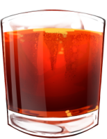  An illustration of the cocktail, Boulevardier. A drink in a short, wide tumbler glass, the liquid itself is of an almost glowing, amber-like color as a block of ice floats at the top of the body of alcohol.
