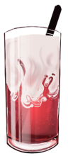 An illustration of the soft drink, Italian Soda. A drink in a simple, long glass, the liquid is a deep strawberry red, topped with pinkish white ice cream that flows into the drink as a thick, black straw pierces through the topping to the bottom of the glass.
