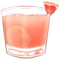 An illustration of the cocktail, Paloma. A drink in a short, wide tumbler glass, the liquid is pink in its coloration, with limes slices at the bottom of the glass. A slice of grapefruit is wedged onto the rim of the glass.

