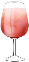 An illustration of the cocktail, Spritz. A drink in a classic wine glass, the liquid is of a soft, cherry red as blocks of ice float in the body of alcohol.
