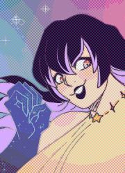 An illustration of Cassie doing a cool pose! Her leg is lifted up by the knee, with one arm held back by her face while the other hand reaches out towards the screen as she gives a cute smile, her eyes particularly sparkling. The background matches some of her color scheme, being light blue that fades into amber, and the triangular frames at the corners of the piece being a peachy orange on one side and dark blue on the other.