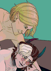 - Val is walking towards a door, thinking about his husbands after what he considers a mission success 
                        - Zephyr, a blond, elven archer, is sitting naked on the floor, hearing on his archer cap, the Dildo of Selection landing on Val. 
                        - Zephyr: Aww, you weren't leaving just yet, were you? 
                        - Val pauses for a few seconds before looking down at a sundial on his wrist to check the time. 
                        - Val: I got a few minute. (Don't wanna be rude after all.) 
                        - It cuts to Zephyr fucking Val from behind on top of his cloak, the horned man blushing as he cums onto his cloak.