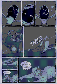 Leo and Val's masculine sona Behind them is a city skyline, bathed in reds and dark blues.