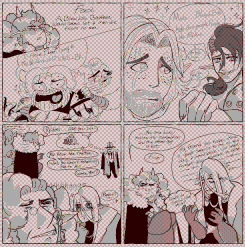 Leo and Val's masculine sona Behind them is a city skyline, bathed in reds and dark blues.