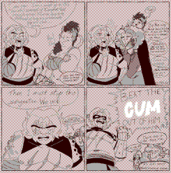 Leo and Val's masculine sona Behind them is a city skyline, bathed in reds and dark blues.