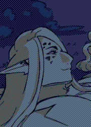 Leo and Val's masculine sona Behind them is a city skyline, bathed in reds and dark blues.