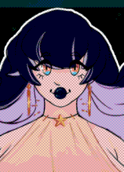 A reference sheet for Cassie, her body wide and plump with an hourglass figure with a delightful amount of tummy fat. Her hair is huge, dark blue on top and lavender on the bottom, flowing as it goes down her back. Her arms go into an ethereal color reminiscent of space. Her eyes are round and friendly, her pupils glittering in oranges and blues. Her round, cute lips don lipstick that matches the color of her hair. In the clothed version, she wears dark blue leggings that go with the body suit that reaches up to her tummy. Above that is a slightly see-through, silky top held up by a star themed necklace that floats around her neck, paired with earrings that are long and thin.