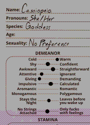 The NSFW OC CHART by @CaptnConfusion, filled in for Cassie. It lists down basic info about her, along side dots marked on scales for Demeanor, Stamina and Style. It also contains a scale for her proportions and a small list for her turn ons, turn offs, kinks and preferences for places to fuck in.