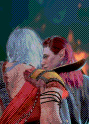 Sh'r'kon & Ry'denn are sitting closely together by a campfire at night.