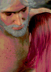 Sh'r'kon and Ry'denn are hugging each other naked in a gentle river, the red haired man nuzzling into the silver haired man's chest.