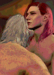 Sh'r'kon & Ry'denn are sitting together naked in a peaceful corner of The Underdark, accompanied only by large, glowing mushrooms.
          Ry'denn is sitting on Sh'r'kon's lap, his face relaxed and his eyes closed.