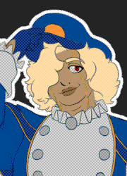 A reference sheet for the character Nico Swason. He's a tan skinned, chubby man with short, messy blond hair that obscures one of his red eyes and two gold lines that go down his face and around his shoulders. He wears a fanciful and blue work outfit, accented with white on the underside of his sleeves, pants and in the center panel of his cropped, buttoned jacket that's trimmed with lace. Underneath the jacket is a black, unitard sweater and his collar and cuffs have frills. A dark blue strap wraps from one side of his jacket to the other side from behind his back. He wears bell bottom pants with white, laced heels. On top of his hair is a blue cap. Beneath the clothing, he wears nipple piercings and his body is fuzzy from head to toe.